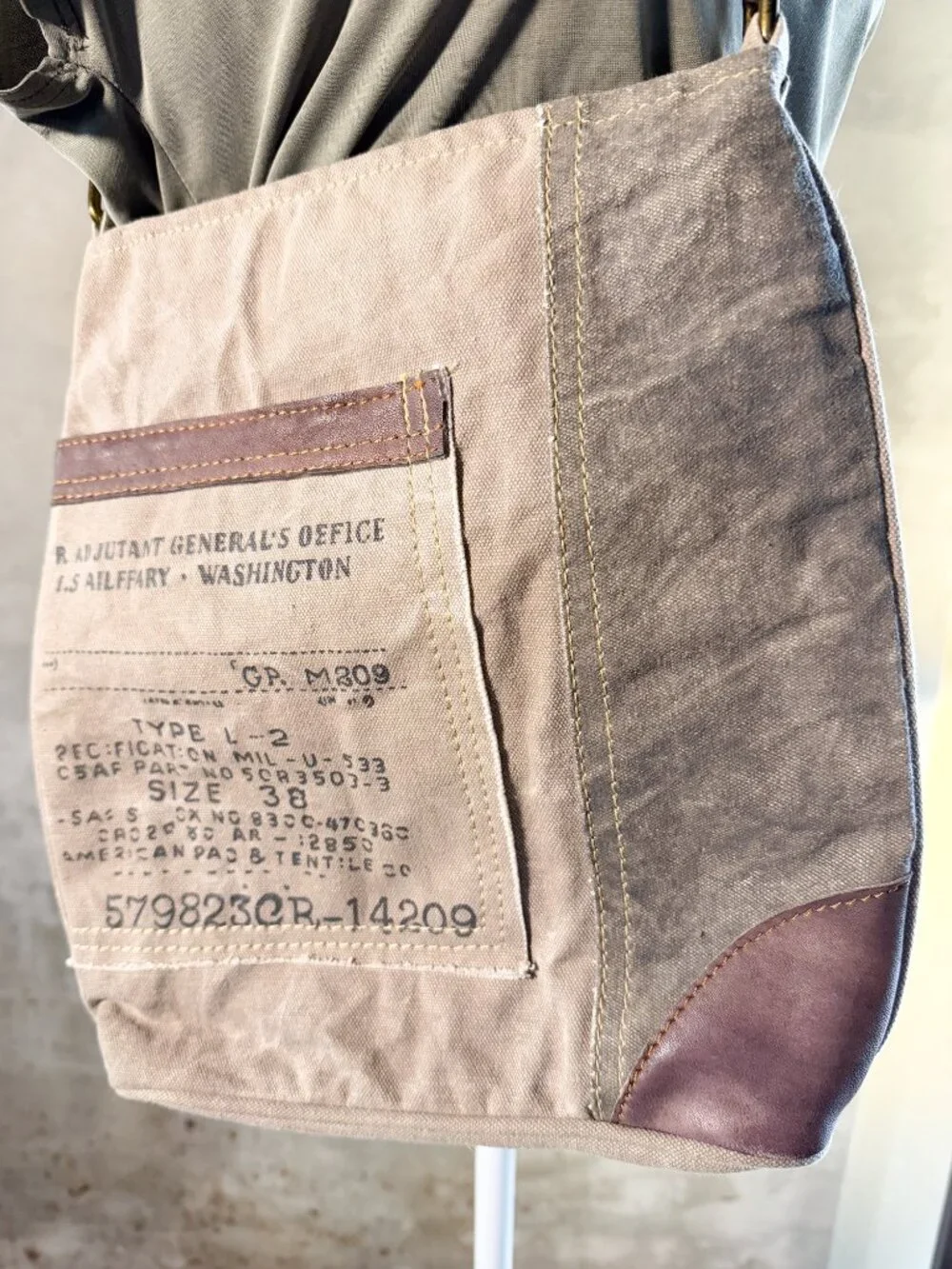 Mona B “Identified” Upcycled Canvas Crossbody Bag Vegan Leather Distressed - Picture 7 of 10